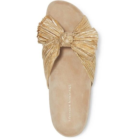 Loeffler Randall Caro Gold Pleated Bow Slide Sandals Size 7